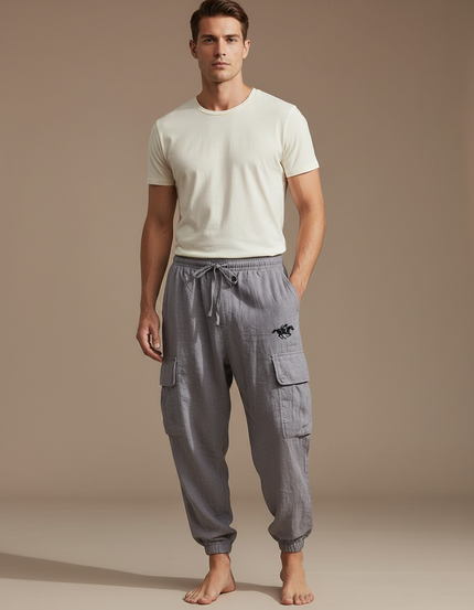 Pantalon Baggy Gris Lin Cargo Ample Cordon Homme