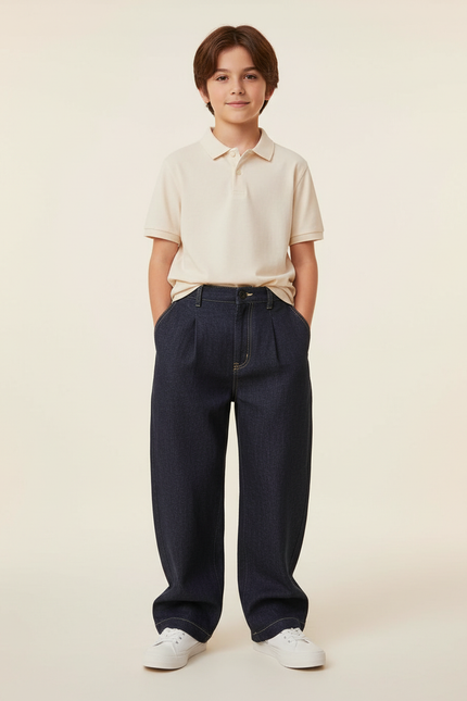 Pantalon Baggy Denim Plissé Ample Décontracté Enfant - Marine Jean