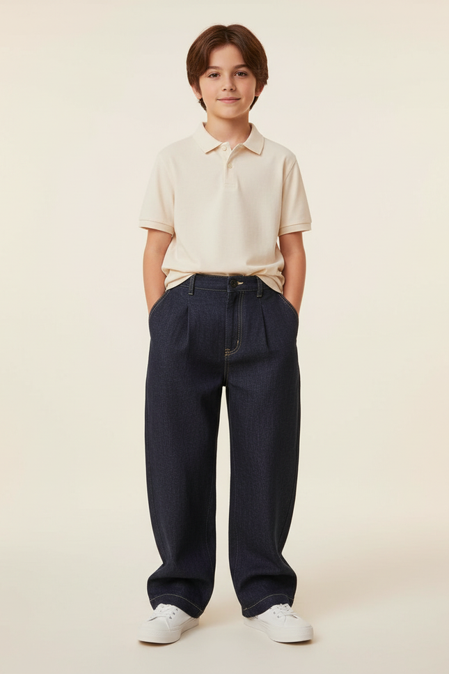 Pantalon Baggy Denim Plissé Ample Décontracté Enfant - Marine Jean