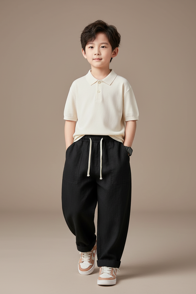 Pantalon Baggy Noir Ample Cordon Décontracté Coton - Lin
