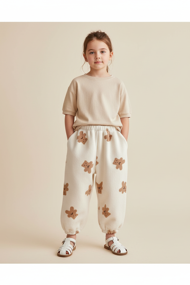 Pantalon Baggy Beige Polaire Ours Mignon Ample - Molleton