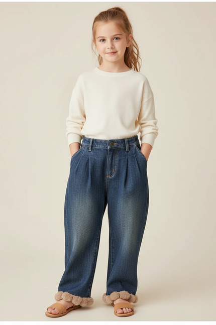 Pantalon Baggy Jean Bleu Plissé Ample Fille