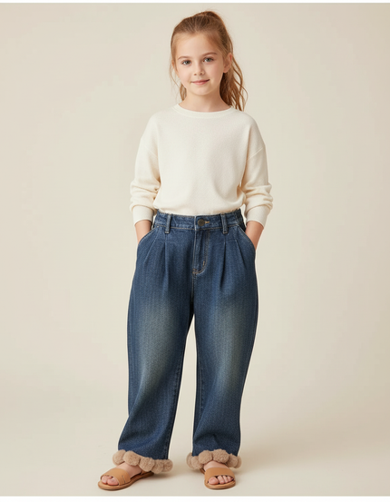 Pantalon Baggy Jean Bleu Plissé Ample Fille
