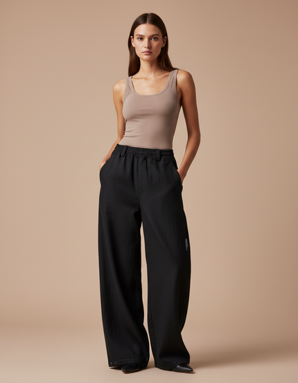 Pantalon Baggy Noir Ample Taille Élastique Fluide - Viscose