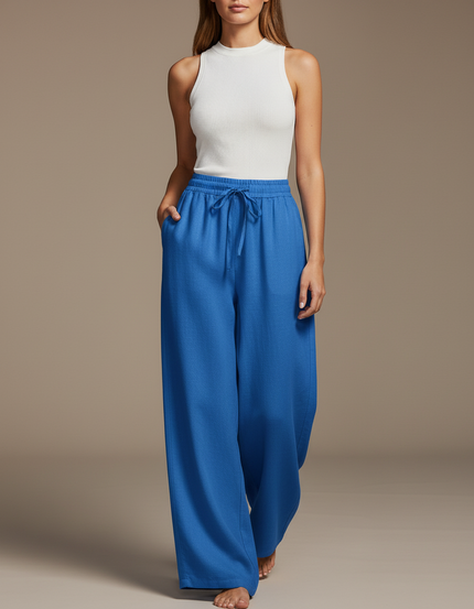 Pantalon Baggy Bleu Roi Ample Fluide Cordon Décontracté - Lin