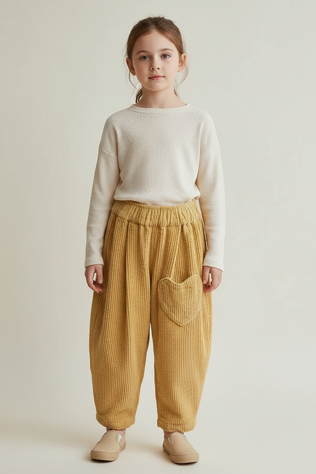 Pantalon Baggy Jaune Côtelé Ample Cœur Enfant - Cordé