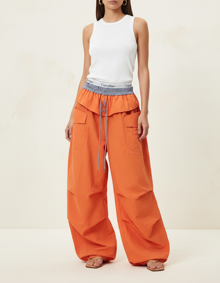 Pantalon Baggy Orange Cargo Ample Cordon Streetwear - Toile
