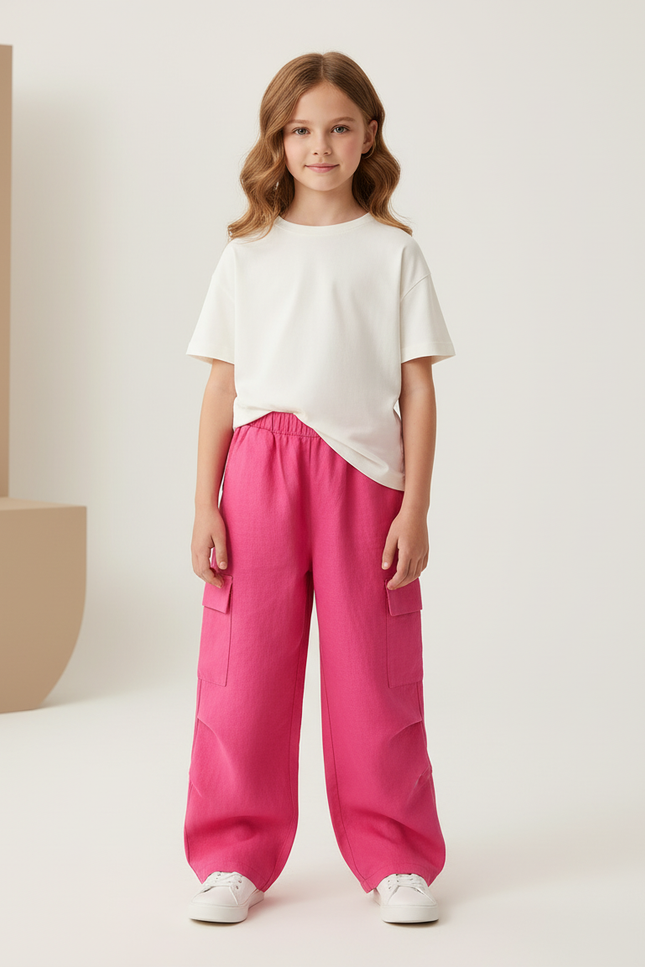 Pantalon Baggy Rose Fushia Ample Cargo Fille Coton - Lin