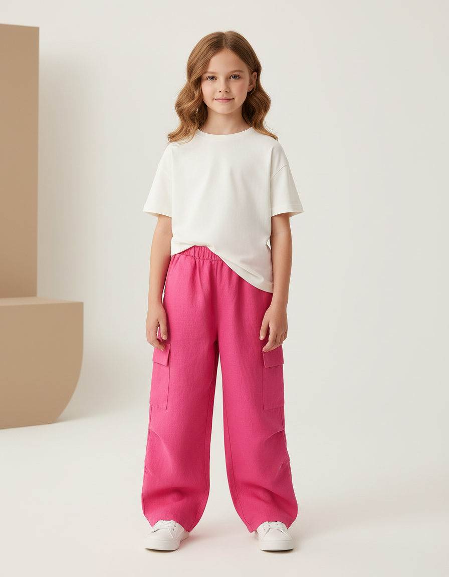 Pantalon Baggy Rose Fushia Ample Cargo Fille Coton - Lin