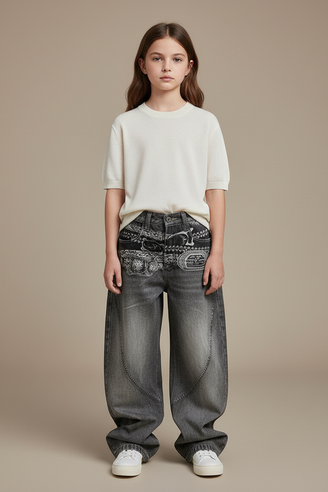 Pantalon Baggy Gris Jean Ample Imprimé Streetwear Enfant