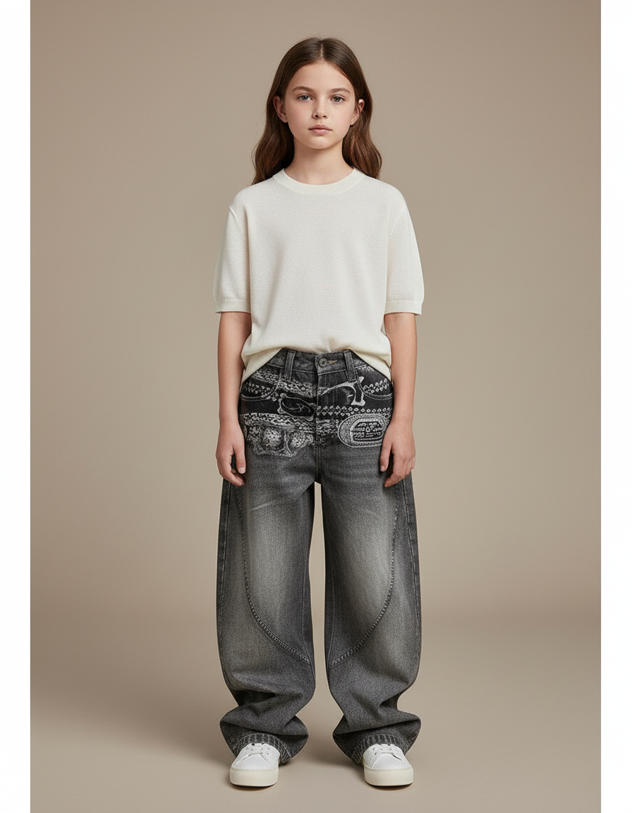 Pantalon Baggy Gris Jean Ample Imprimé Streetwear Enfant