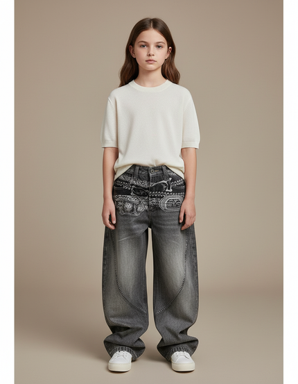 Pantalon Baggy Gris Jean Ample Imprimé Streetwear Enfant