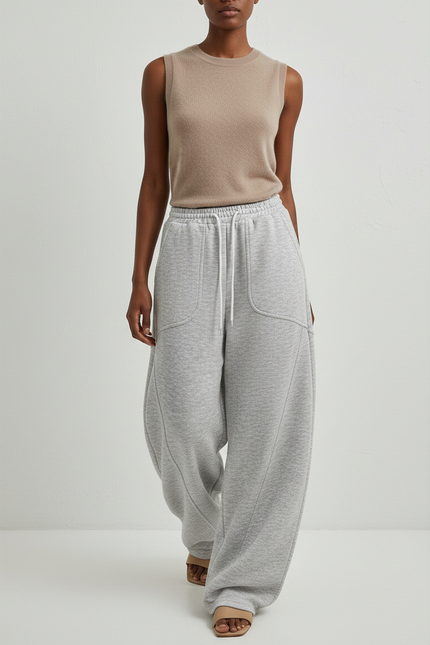 Pantalon Baggy Gris Molleton Ample Décontracté Sport Femme
