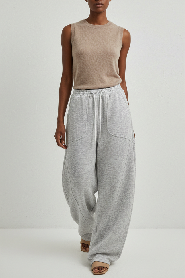 Pantalon Baggy Gris Molleton Ample Décontracté Sport Femme