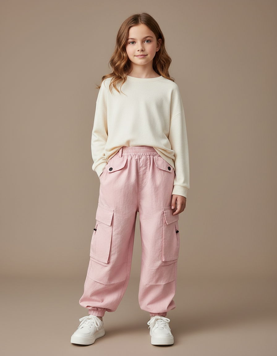 Pantalon Baggy Rose Cargo Ample Coton Enfants