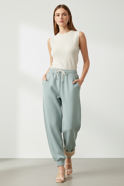 Pantalon Baggy Vert Coton Molletonné Ample Doublé