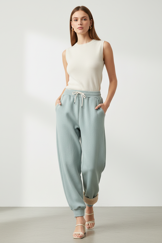Pantalon Baggy Vert Coton Molletonné Ample Doublé