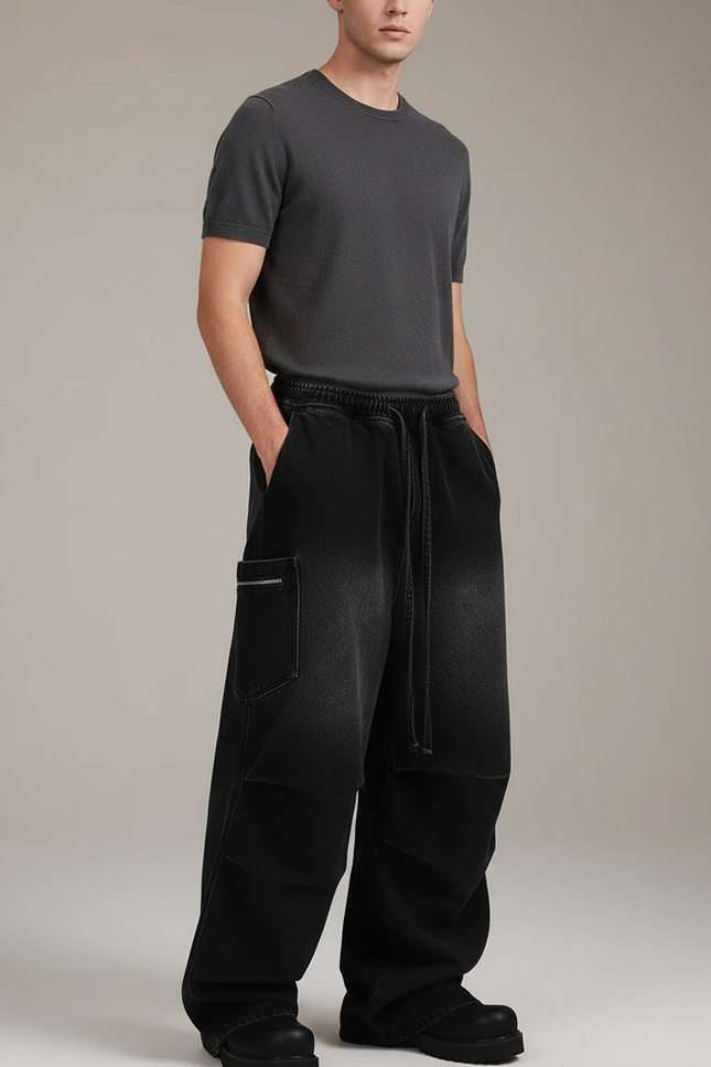 Pantalon Baggy Noir Délavé Ample Denim Décontracté - Jean