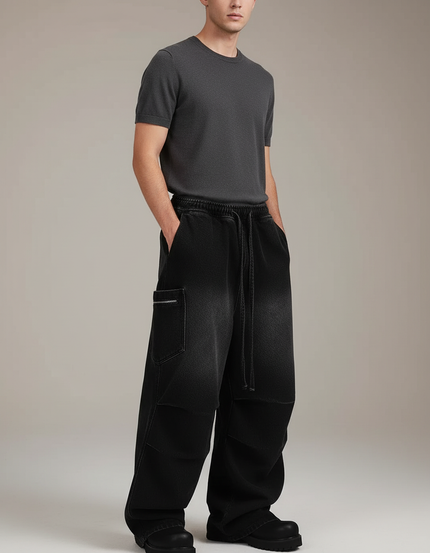 Pantalon Baggy Noir Délavé Ample Denim Décontracté - Jean