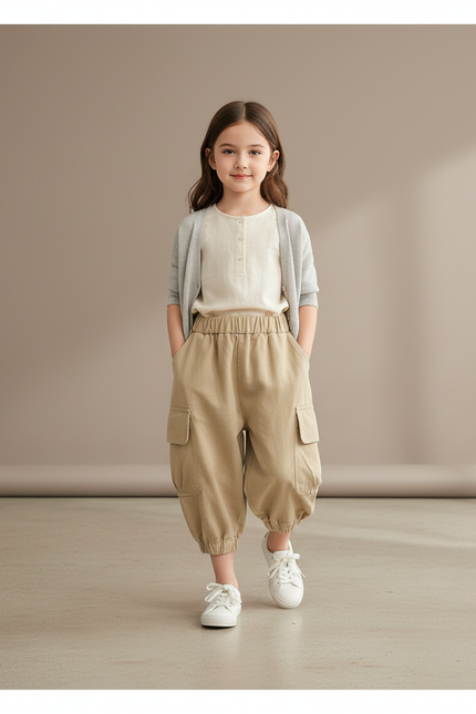 Pantalon Baggy Fille Beige Cargo Coton - Toile