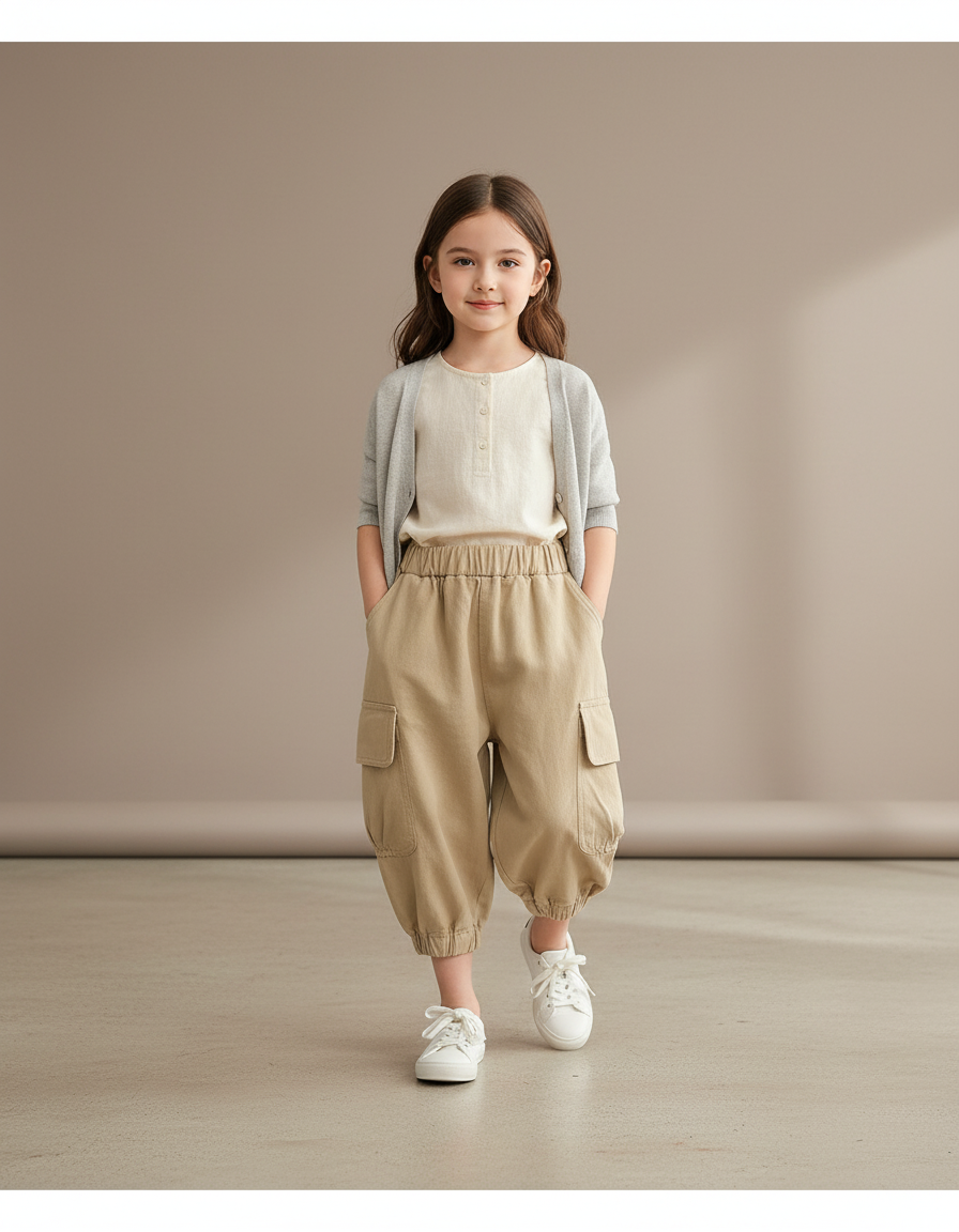 Pantalon Baggy Fille Beige Cargo Coton - Toile