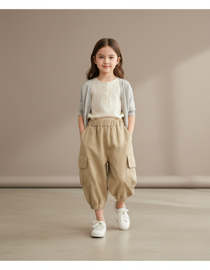Pantalon Baggy Fille Beige Cargo Coton - Toile