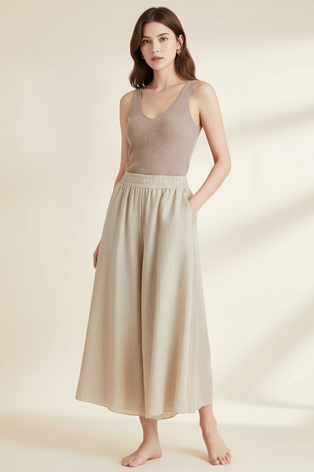 Pantalon Baggy Lin Beige Large Ample Culotte