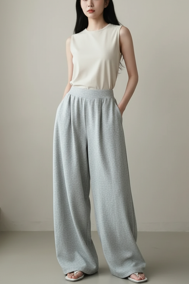 Pantalon Baggy Gris Ample Cordon Décontracté Femme - Molleton