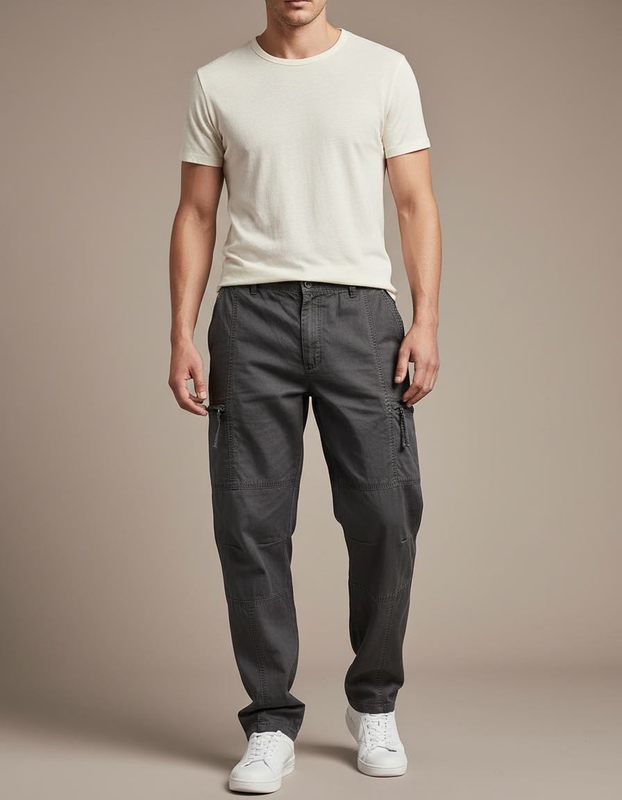 Pantalon Baggy Gris Coton Ample Cargo Homme - Toile