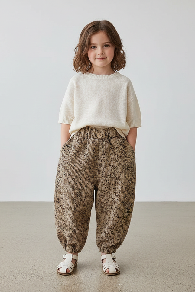 Pantalon Baggy Côtelé Imprimé Floral Ample Marron - Cordé