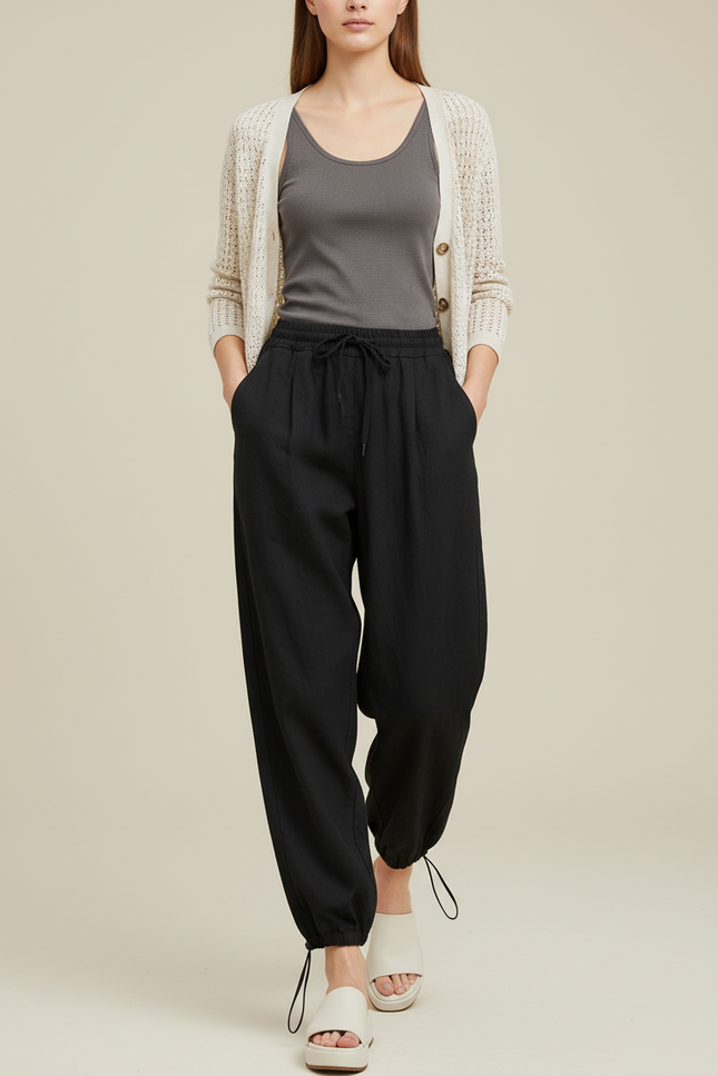 Pantalon Baggy Noir Ample Fluide Coton Décontracté Femme - Lin