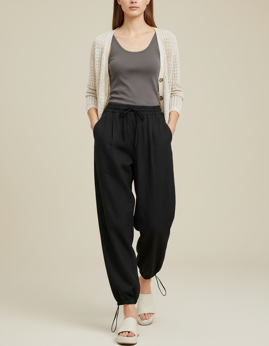 Pantalon Baggy Noir Ample Fluide Coton Décontracté Femme - Lin