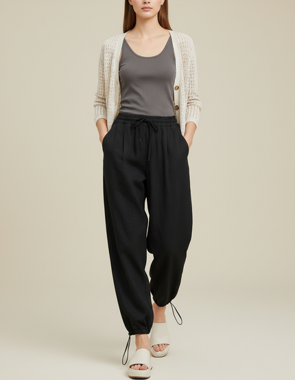 Pantalon Baggy Noir Ample Fluide Coton Décontracté Femme - Lin