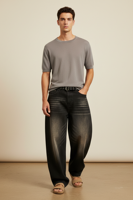 Pantalon Baggy Noir Délavé Ample Denim Homme - Jean
