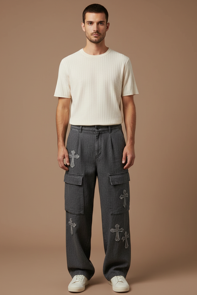 Pantalon Baggy Jean Gris Ample Croix Décontracté