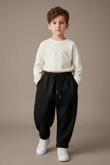 Pantalon Baggy Garçon Noir Jogging Coton Streetwear - Molleton