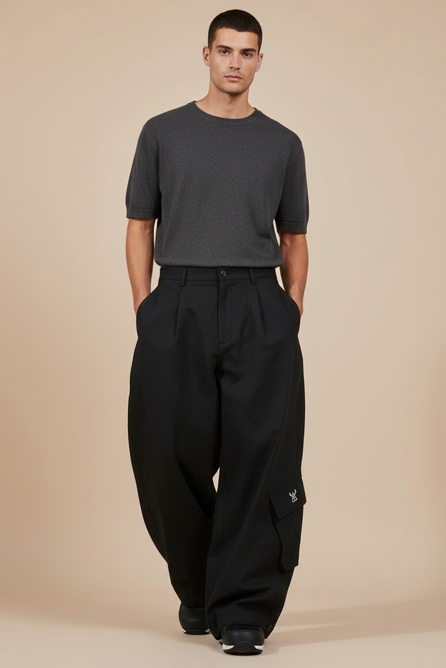 Pantalon Baggy Noir Ample Cargo Plissé Homme - Gabardine