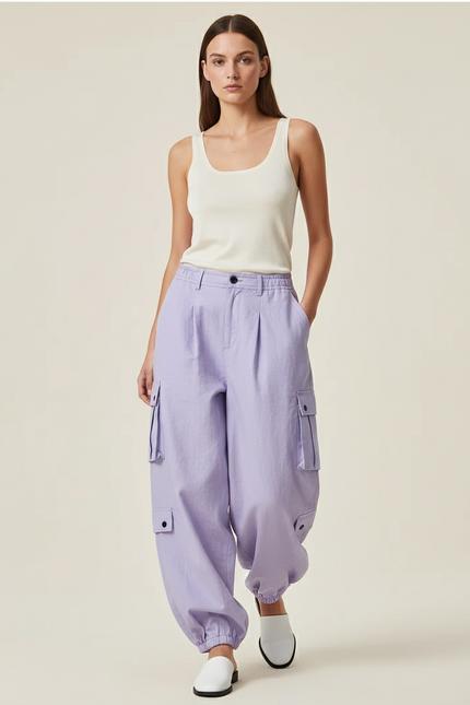 Pantalon Baggy Lilas Cargo Ample Décontracté Femme - Violet Coton