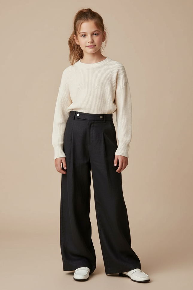 Pantalon Baggy Fille Noir Taille Haute - Lin