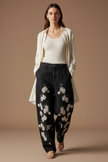 Pantalon Baggy Noir Brodé Fleurs Ample Décontracté - Jean