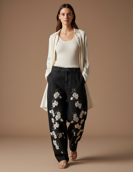 Pantalon Baggy Noir Brodé Fleurs Ample Décontracté - Jean