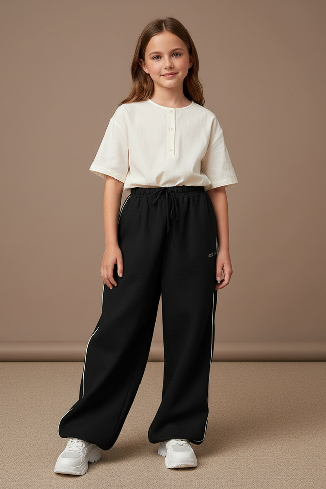 Pantalon Baggy Noir Ample Cordon Rayures Confortable - Molleton