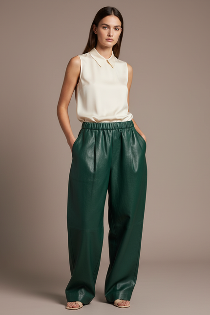 Pantalon Baggy Vert Cuir Ample Taille Haute Femme