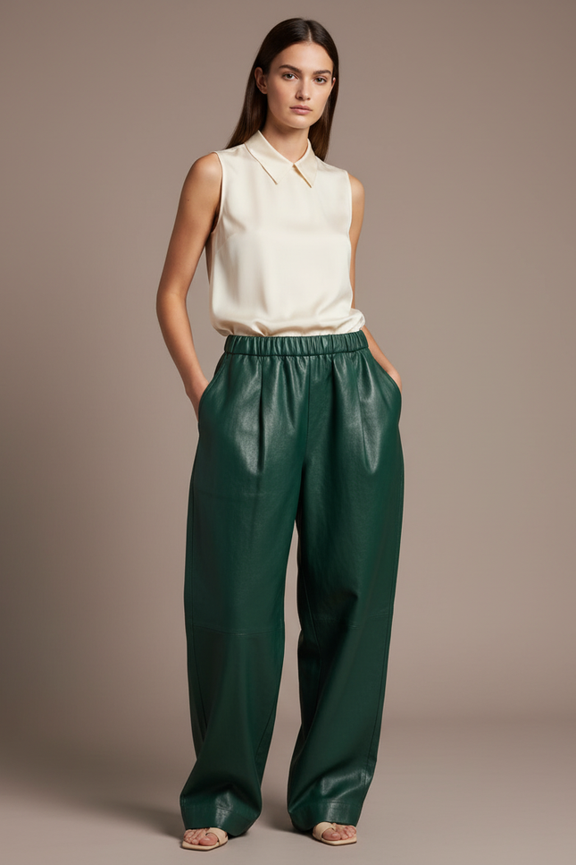 Pantalon Baggy Vert Cuir Ample Taille Haute Femme