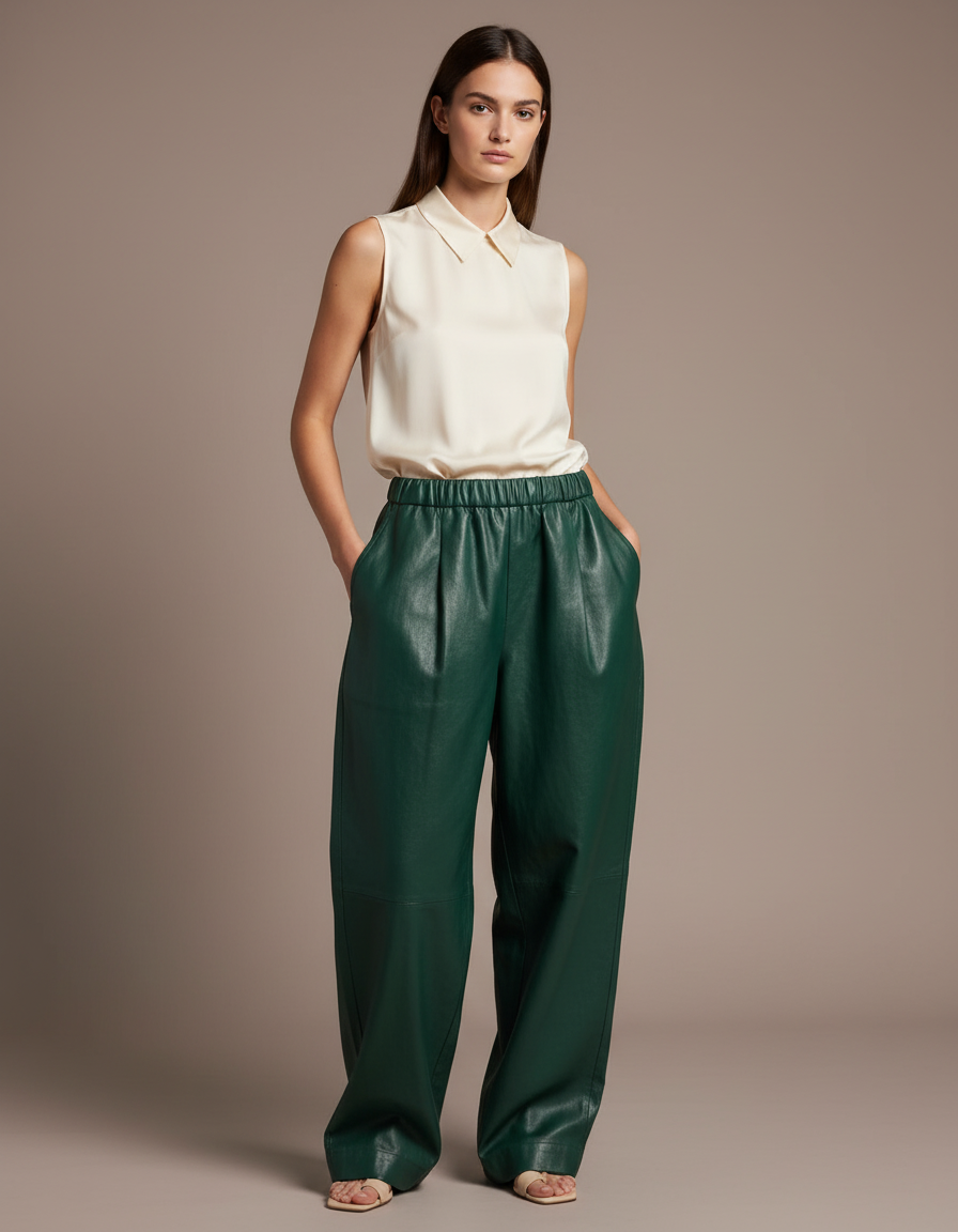 Pantalon Baggy Vert Cuir Ample Taille Haute Femme