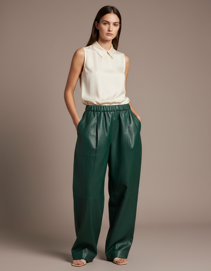 Pantalon Baggy Vert Cuir Ample Taille Haute Femme