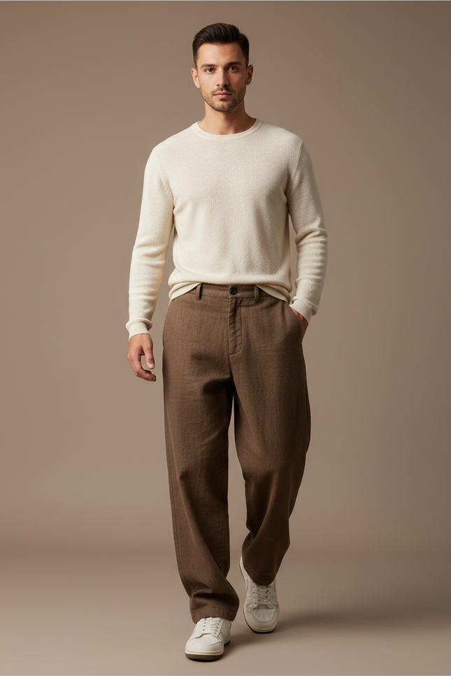 Pantalon Baggy Marron Ample Texturé Décontracté Homme - Tweed