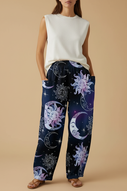 Pantalon Baggy Noir Ample Imprimé Lune Soleil - Viscose
