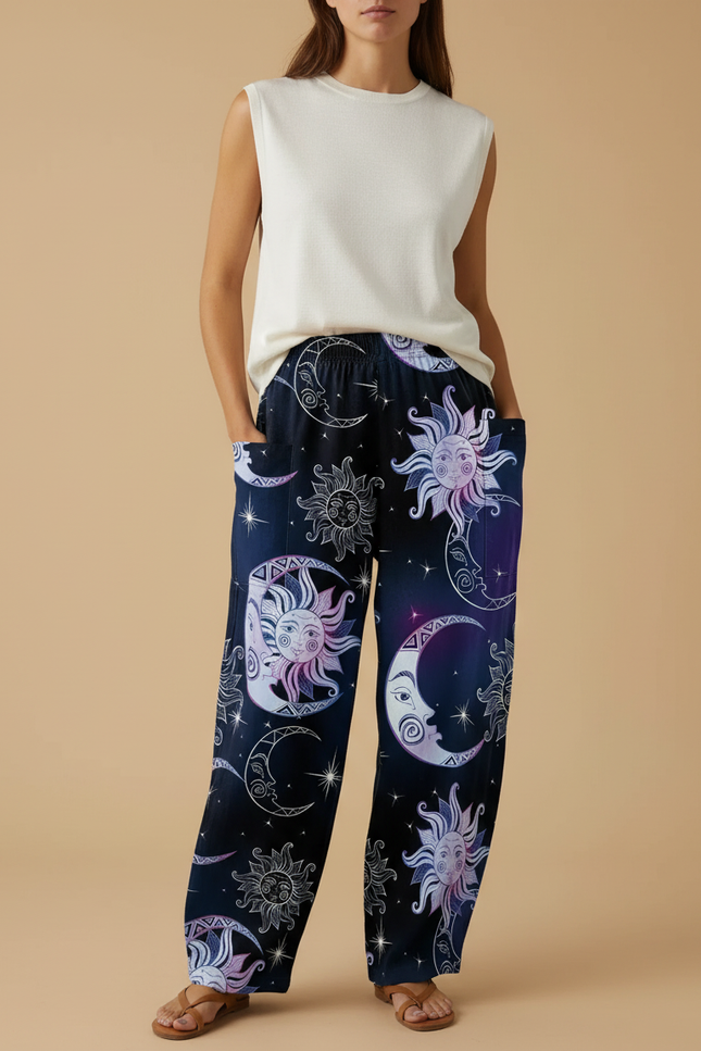 Pantalon Baggy Noir Ample Imprimé Lune Soleil - Viscose
