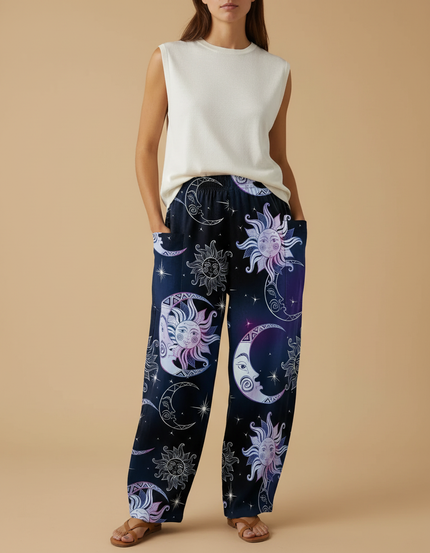 Pantalon Baggy Noir Ample Imprimé Lune Soleil - Viscose